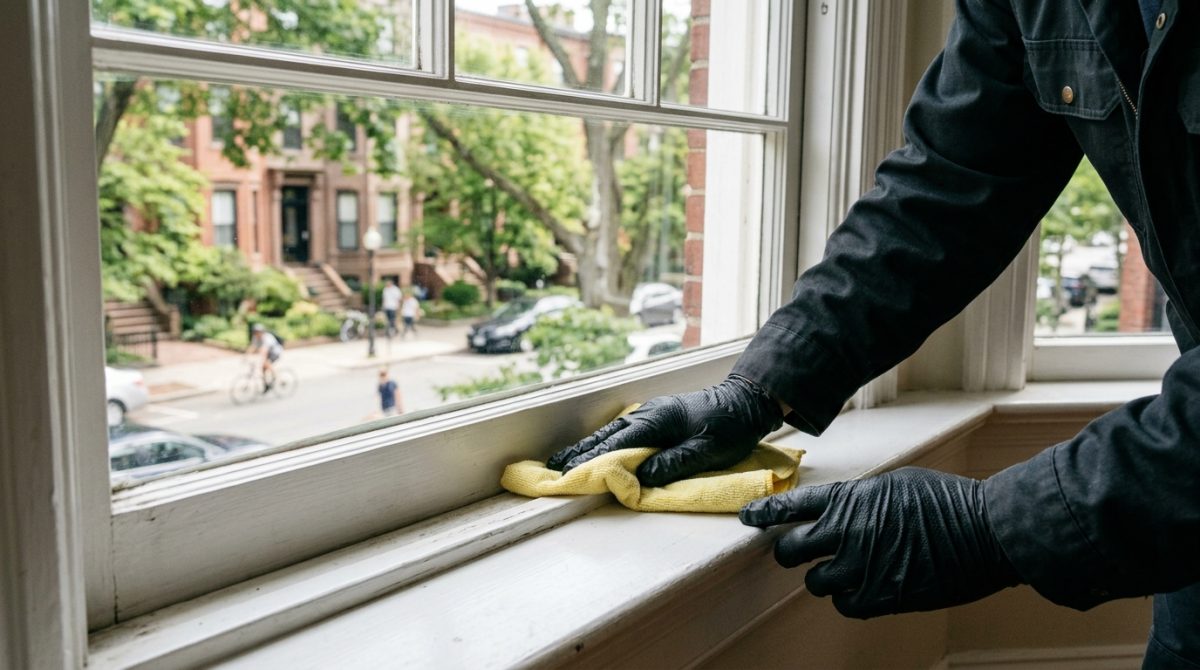 Technician cleaning a multi-pane window on a Boston home