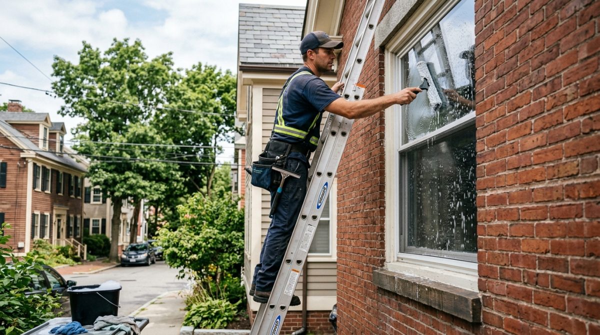 Multi-story window washing on a Boston building